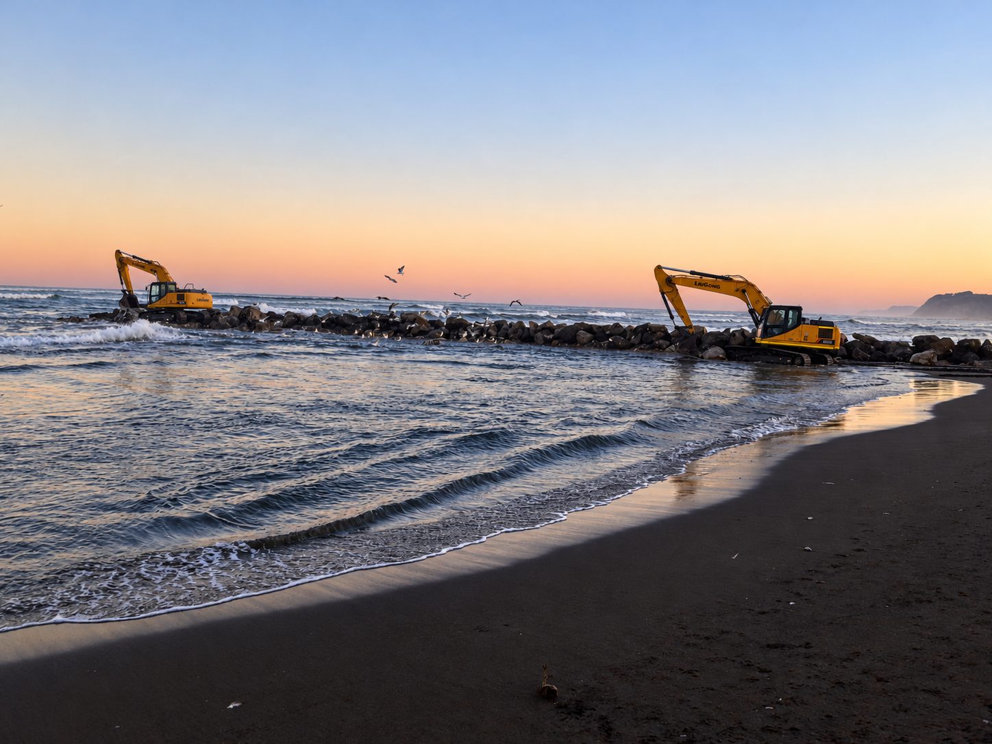 Dos excavadoras de Galema trabajando sobre un enrocado en el borde costero al atardecer